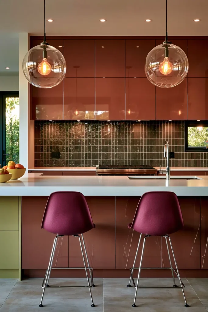 29 Barndominium Kitchen Designs for Rustic, Modern, and Timeless Spaces 25 Bold color-pop barndominium kitchen with glossy orange cabinetry, purple tile backsplash, magenta chairs, white island countertop, and clear globe pendants.