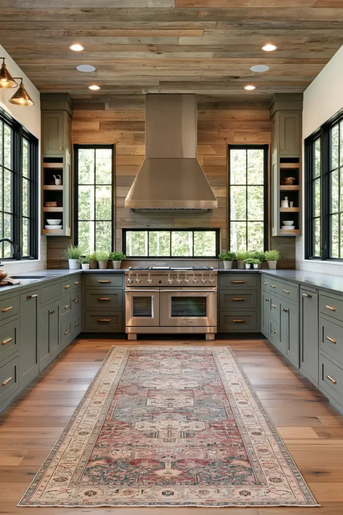 29 Barndominium Kitchen Designs for Rustic, Modern, and Timeless Spaces 30 Bold emerald green barndominium kitchen with shaker cabinets, stainless range and hood, warm wood planks, brass-toned pulls, and a patterned runner rug.