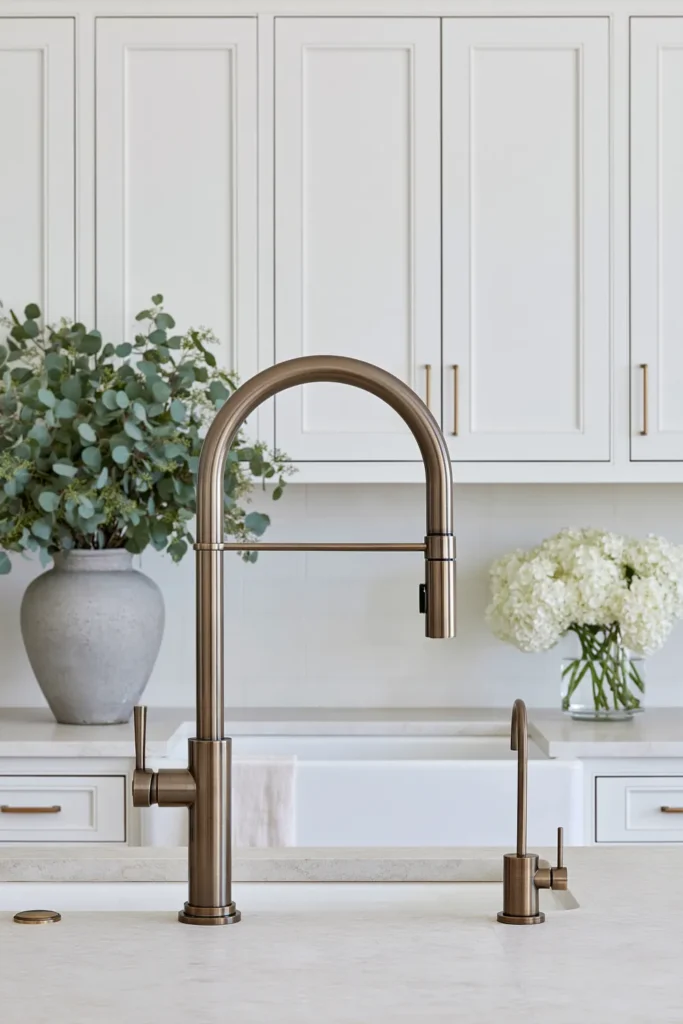 9 Blue and White Kitchen Remodel Ideas with Cozy Gold Accents 6 Brushed-brass kitchen faucet with matching dispenser, white farmhouse sink, pale stone countertop, white cabinets, greenery, and white flowers.