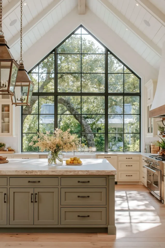 29 Barndominium Kitchen Designs for Rustic, Modern, and Timeless Spaces 11 Bright and airy barndominium kitchen with a pale sage-gray island, cream cabinets, a dramatic black-grid gable window, and lantern lighting.