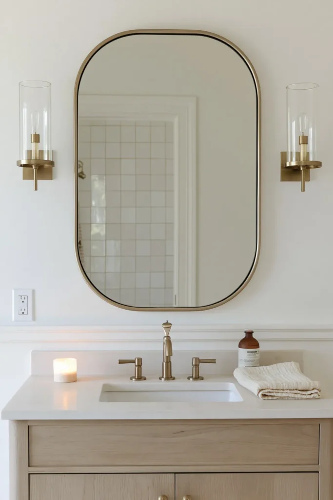 21 Guest Bathroom Decorating Ideas for a Friendly Space 18 Guest bathroom with warm wall sconces, a bright vanity mirror, and a softly glowing flameless candle nightlight.