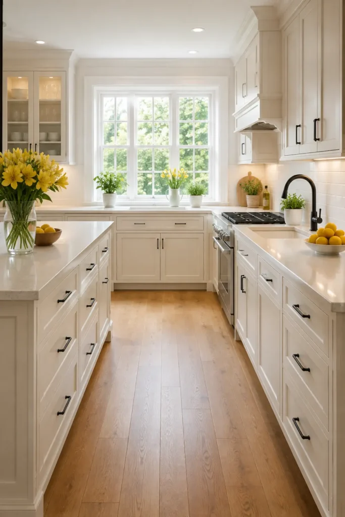 29 Rustic Modern Kitchen Designs That Balance Warmth and Clean Style 18 Bright kitchen with pale shaker cabinets, black hardware, light countertops, warm wood flooring, plants, and a large multi-pane window.