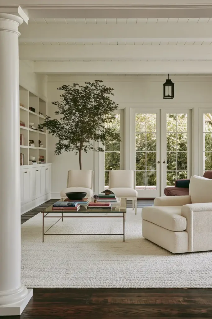 20 Best Living Room Color Combinations for a Warm Feel 2 Bright white living room with built-in shelving, pale seating, a glass coffee table, dark wood flooring, and tall glazed doors.