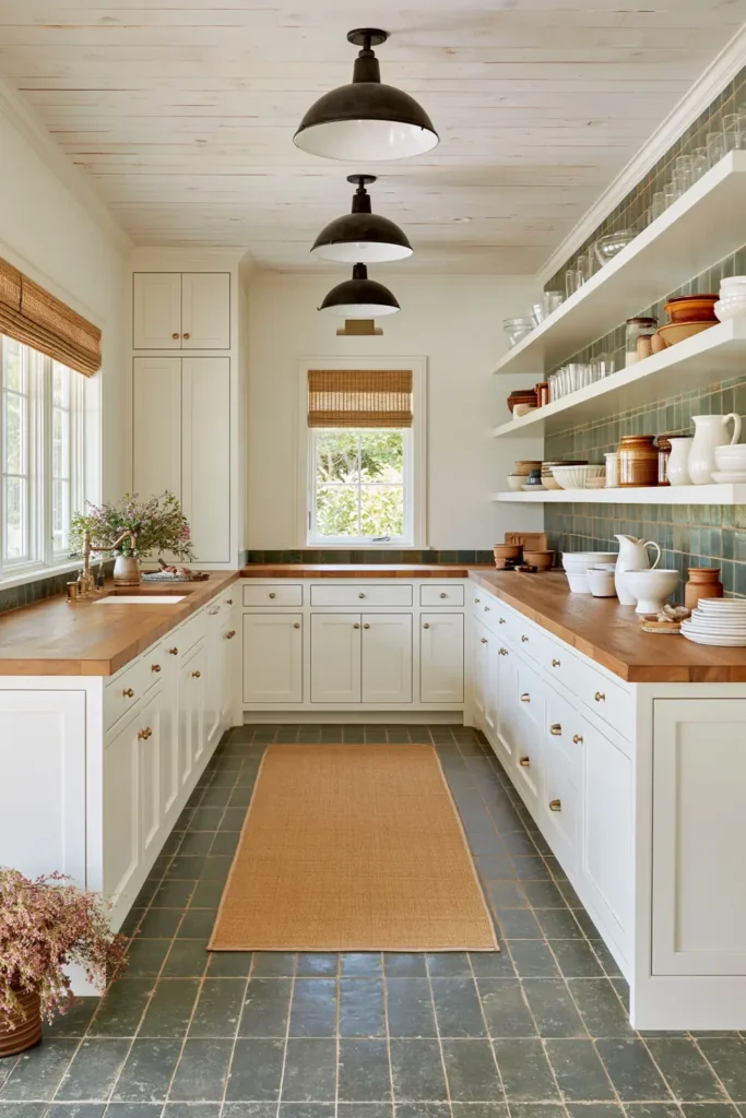 15 Butler’s Pantry Ideas for a Stylish, Functional Space 5 Bright white galley pantry with warm wood countertops, open shelving, black dome pendants, gray tile flooring, and pink flowers.