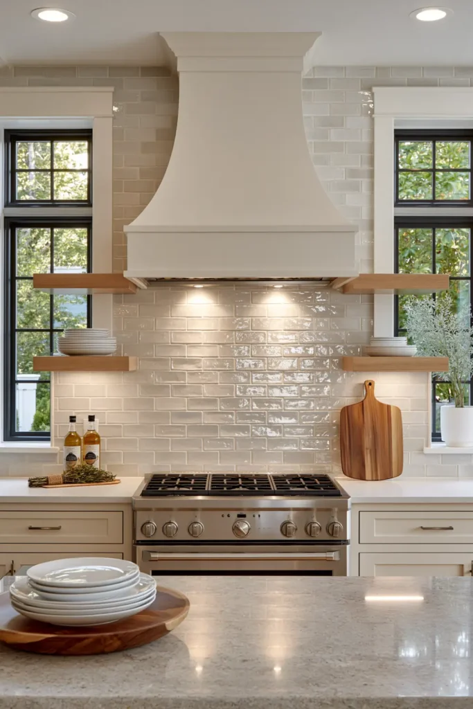 Glass Tile Backsplash Kitchen Ideas for Color, Texture, and Shine 14 Bright white kitchen with glossy glass tile backsplash, natural oak floating shelves, stainless range, and abundant window light.