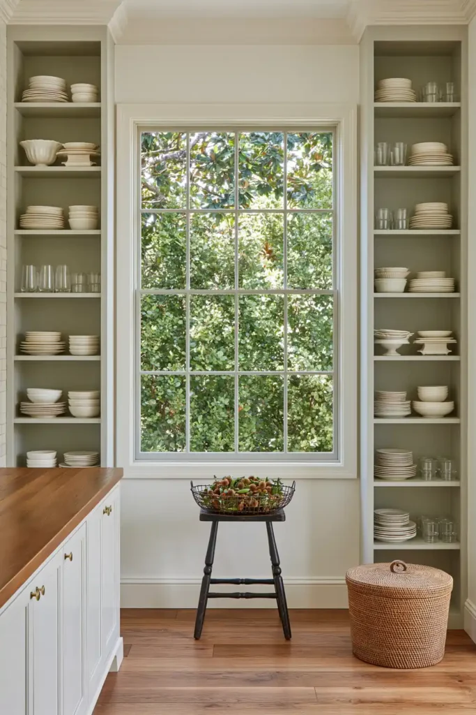 15 Butler’s Pantry Ideas for a Stylish, Functional Space 13 Bright narrow white pantry with floor-to-ceiling shelves, stacked dishes, a warm wood counter, multipane window, produce basket, and woven hamper.