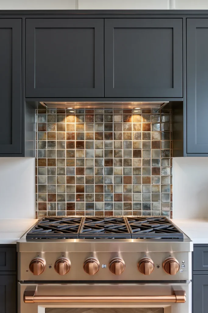 Glass Tile Backsplash Kitchen Ideas for Color, Texture, and Shine 25 Dark kitchen with reflective bronze and copper glass tile, matte black cabinetry, copper range accents, and pale gray countertops.