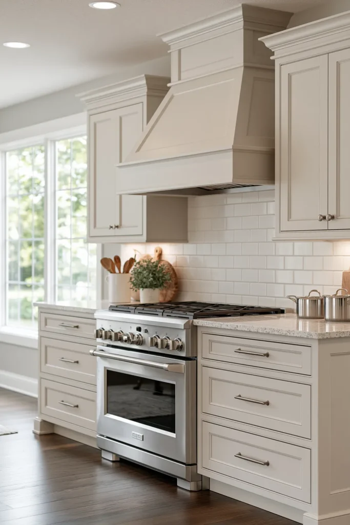29 Neutral Kitchen Cabinet Ideas for a Calm, Timeless Kitchen 25 Buff-cream raised-panel kitchen cabinets with decorative trim, a paneled hood, stainless range, white subway tile, and dark wood flooring.