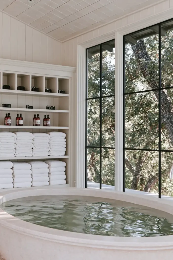 20 Bathroom Shelf Styling Ideas for Beautiful, Practical Storage 15 Light cream bathroom with built-in shelves, folded white towels, bottles, upper cubbies, bathtub, and large windows overlooking leafy trees.
