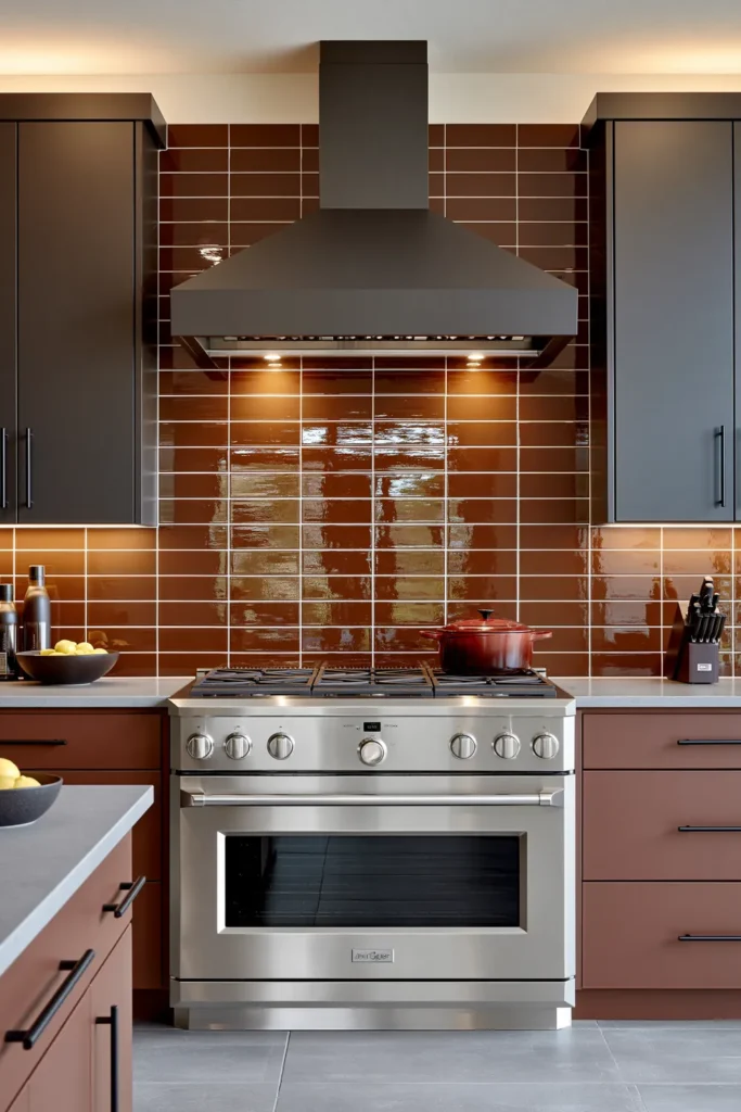 Glass Tile Backsplash Kitchen Ideas for Color, Texture, and Shine 2 Modern kitchen with glossy burgundy glass subway tile, dark cabinetry, black hardware, and a stainless steel professional range.
