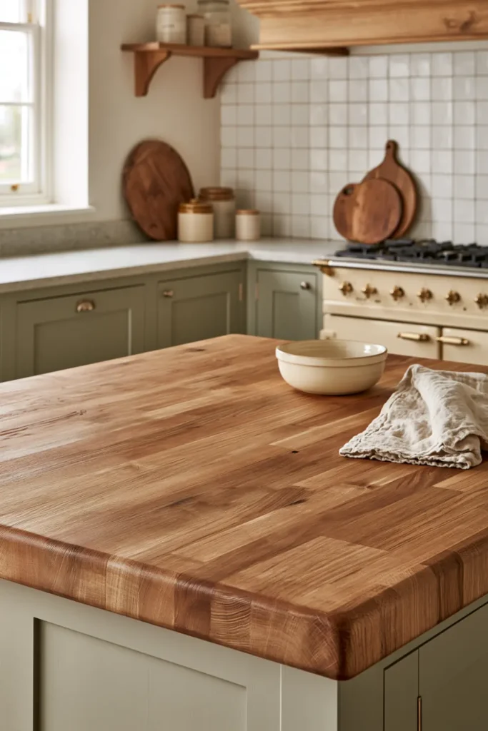 How to Create a Warm Kitchen That Feels Like Home: 18 Warm and Welcoming Ideas 4 Cozy kitchen with a warm butcher block island, pale honed stone countertops, sage cabinets, and soft natural daylight.