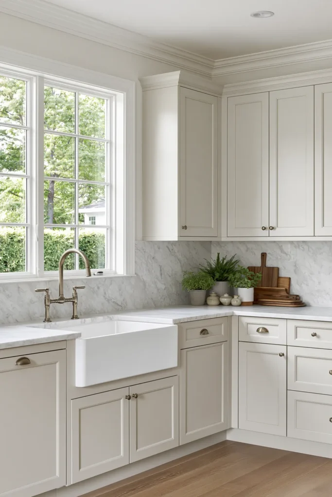 29 Neutral Kitchen Cabinet Ideas for a Calm, Timeless Kitchen 23 Soft cashmere kitchen cabinets with a farmhouse sink, pale marble surfaces, brass bridge faucet, and gold cabinet hardware.