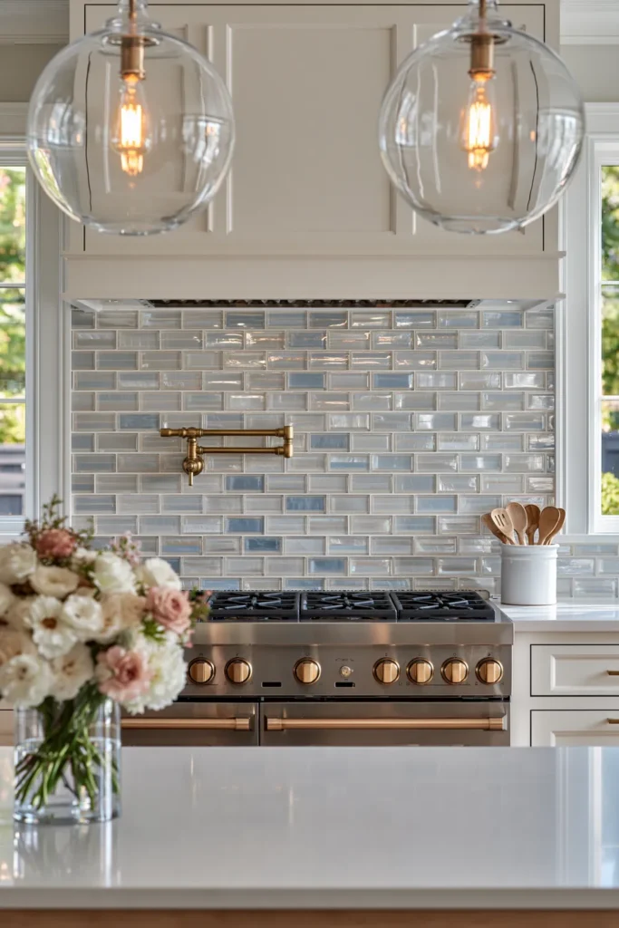 Glass Tile Backsplash Kitchen Ideas for Color, Texture, and Shine 24 Elegant cream kitchen with champagne glass subway tile, brass pot filler, clear globe pendants, and a stainless steel range.