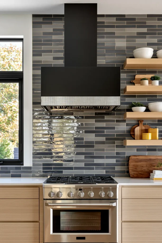 Glass Tile Backsplash Kitchen Ideas for Color, Texture, and Shine 6 Contemporary kitchen with glossy gray glass tile, blonde oak cabinetry and shelves, black range hood, and stainless steel range.