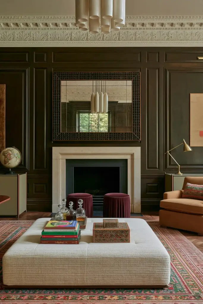 20 Best Living Room Color Combinations for a Warm Feel 5 Chocolate-brown living room with paneled walls, a pale stone fireplace, cream ottoman, burgundy stools, and a tan armchair.