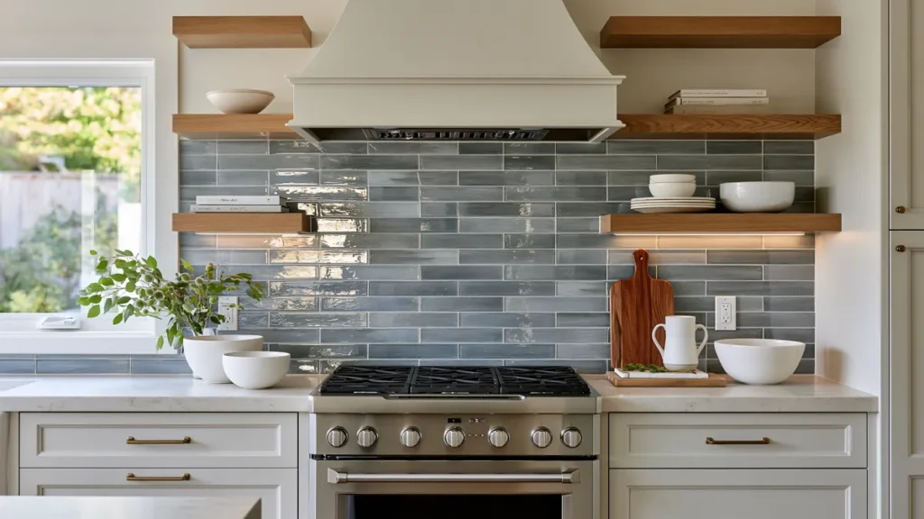 Glass Tile Backsplash Kitchen Ideas for Color, Texture, and Shine 31 Glass Tile Backsplash Kitchen Ideas
Warm contemporary kitchen combining reflective glass tile, white cabinetry, oak accents, stone counters, brass hardware, and stainless steel appliances.