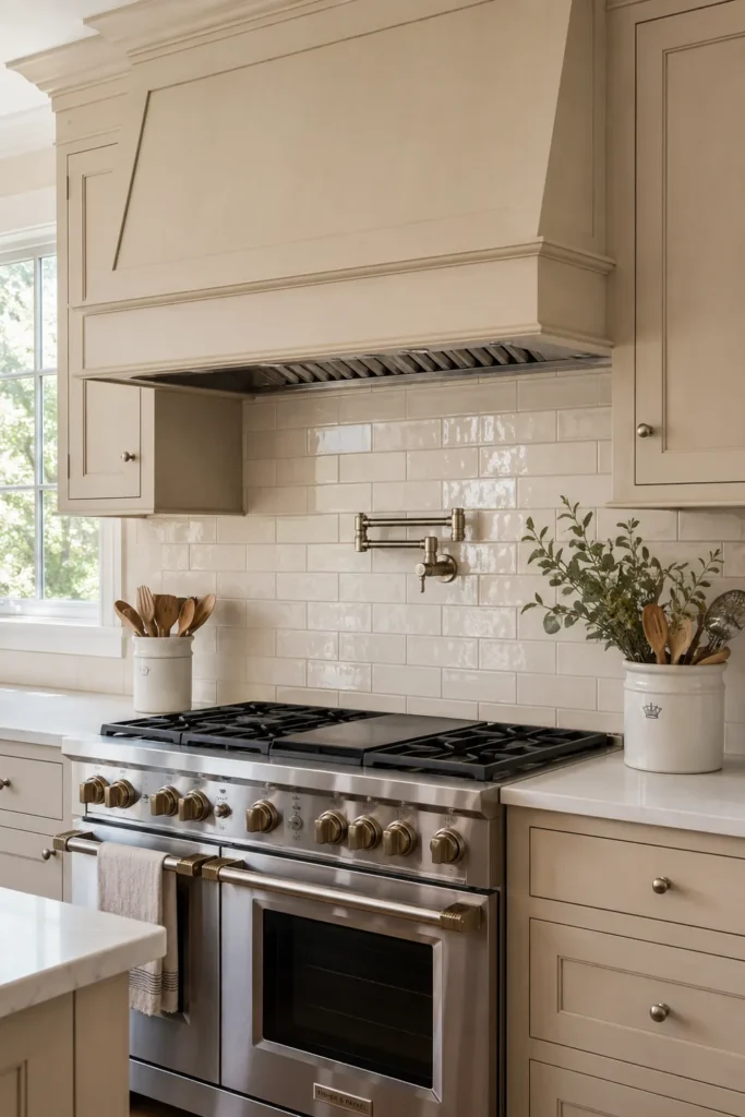 21 Stylish Beige Kitchen Cabinet Ideas for a Warm, Timeless Kitchen 7 Classic pale beige shaker kitchen cabinets with round metal knobs, a paneled range hood, cream subway tile backsplash, pot filler, and ceramic utensil crocks.