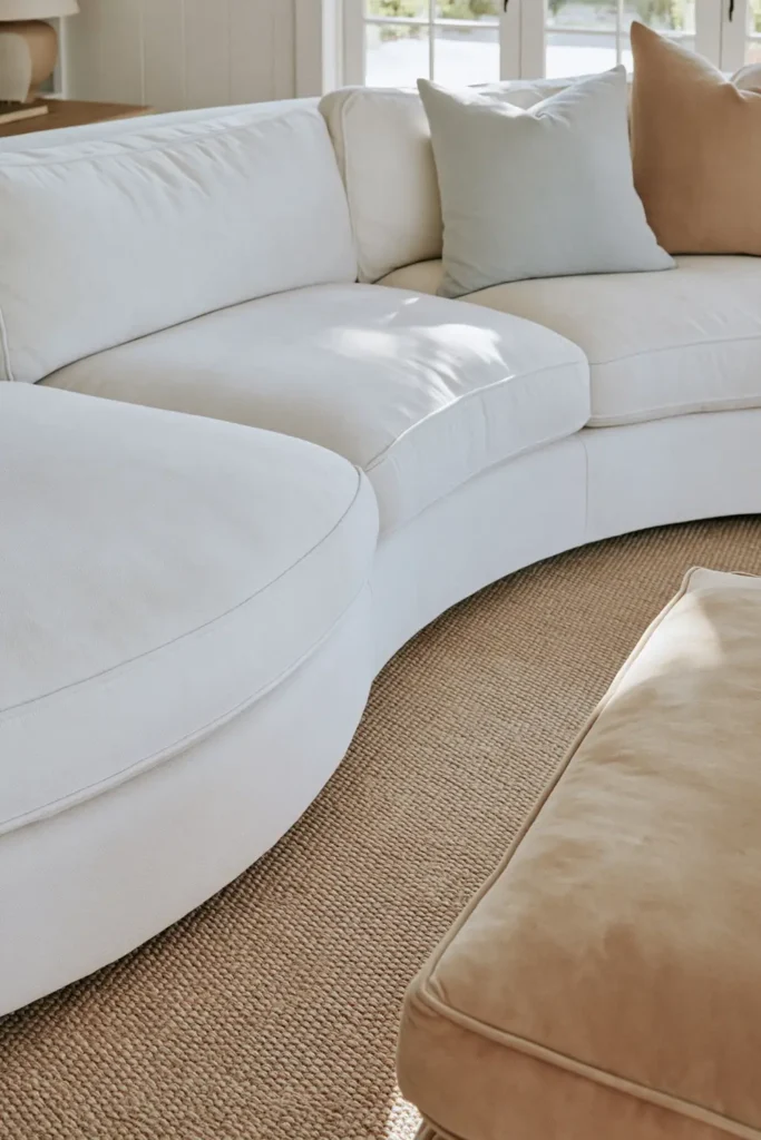23 Living Room Bookshelf Styling Ideas for a Beautiful, Collected Space 21 Close-up living room detail with pale white-grey upholstery, tightly woven beige flooring, and warm taupe upholstery.