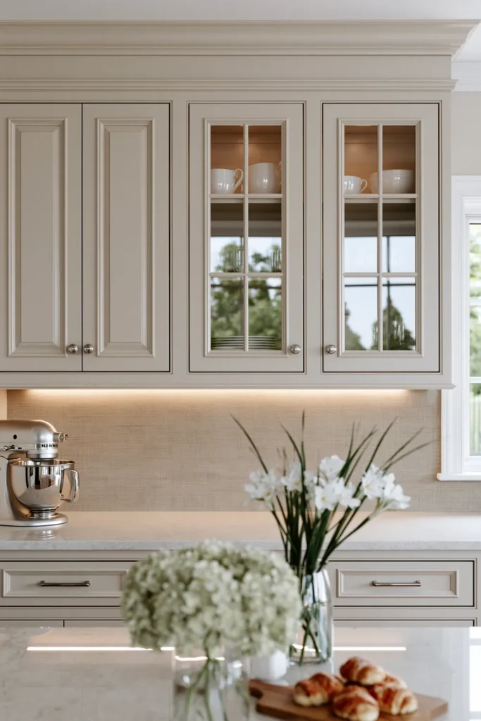 29 Neutral Kitchen Cabinet Ideas for a Calm, Timeless Kitchen 5 Pale cream-gray traditional kitchen cabinets with glass-front doors, polished stone counters, flowers, and warm under-cabinet lighting.