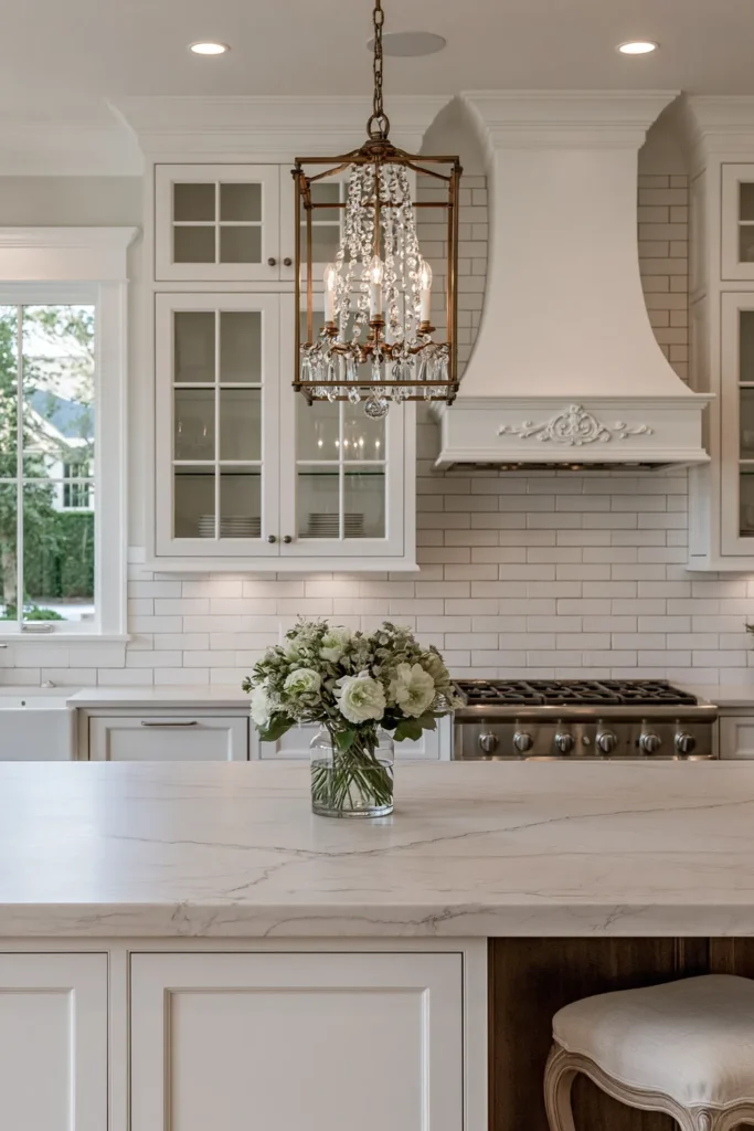 29 Barndominium Kitchen Designs for Rustic, Modern, and Timeless Spaces 29 Classic elegant barndominium kitchen with white shaker and glass-front cabinets, a pale stone island, crystal chandelier, farmhouse sink, and brass-toned details.