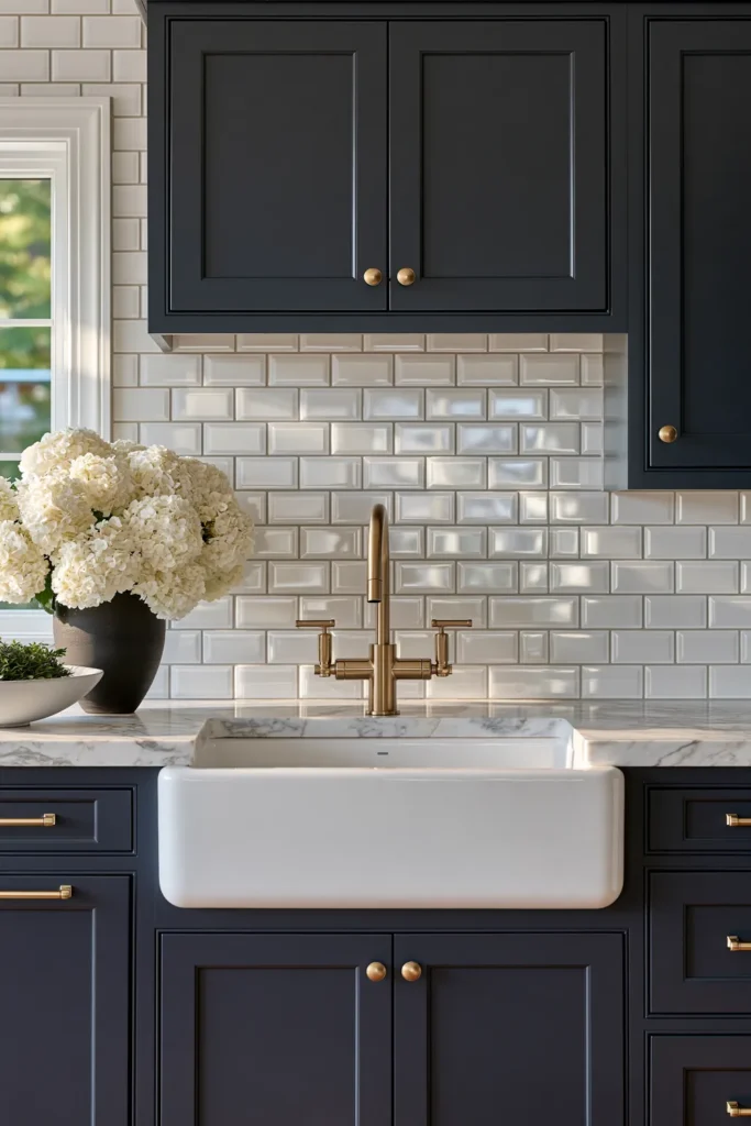 Glass Tile Backsplash Kitchen Ideas for Color, Texture, and Shine 17 Classic kitchen with glossy white glass subway tile, navy cabinets, farmhouse sink, brass bridge faucet, and white hydrangeas.