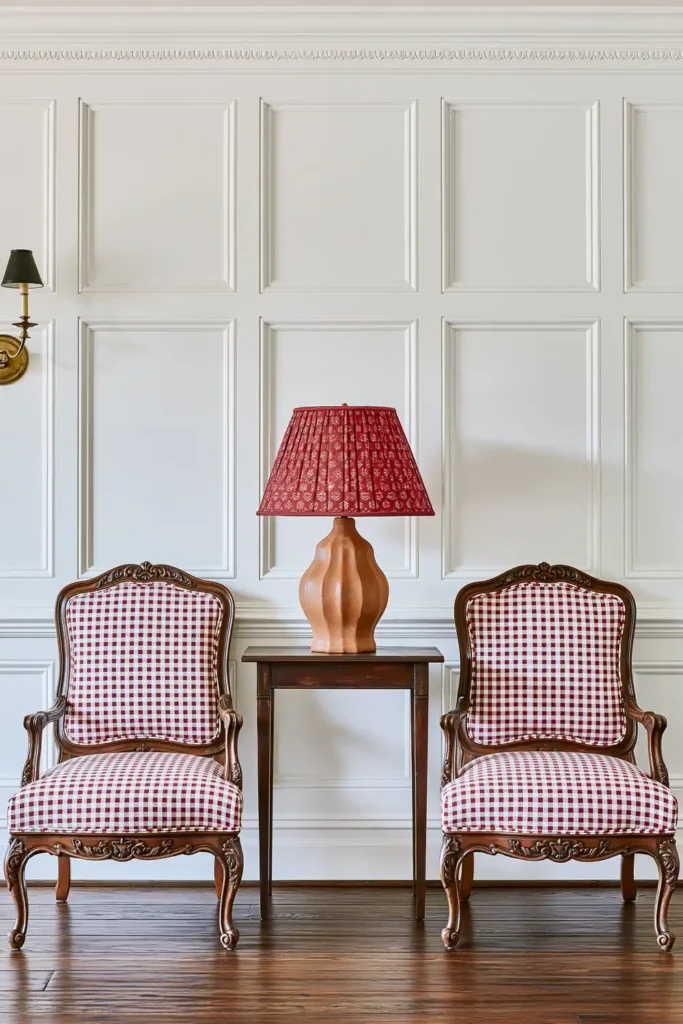 Timeless vs. Trendy Home Decor: 20 Ideas for a Well-Proportioned, Beautiful Home 15 White rectangular wall moldings behind two red-and-white gingham armchairs and a dark wood console table with a patterned lamp.