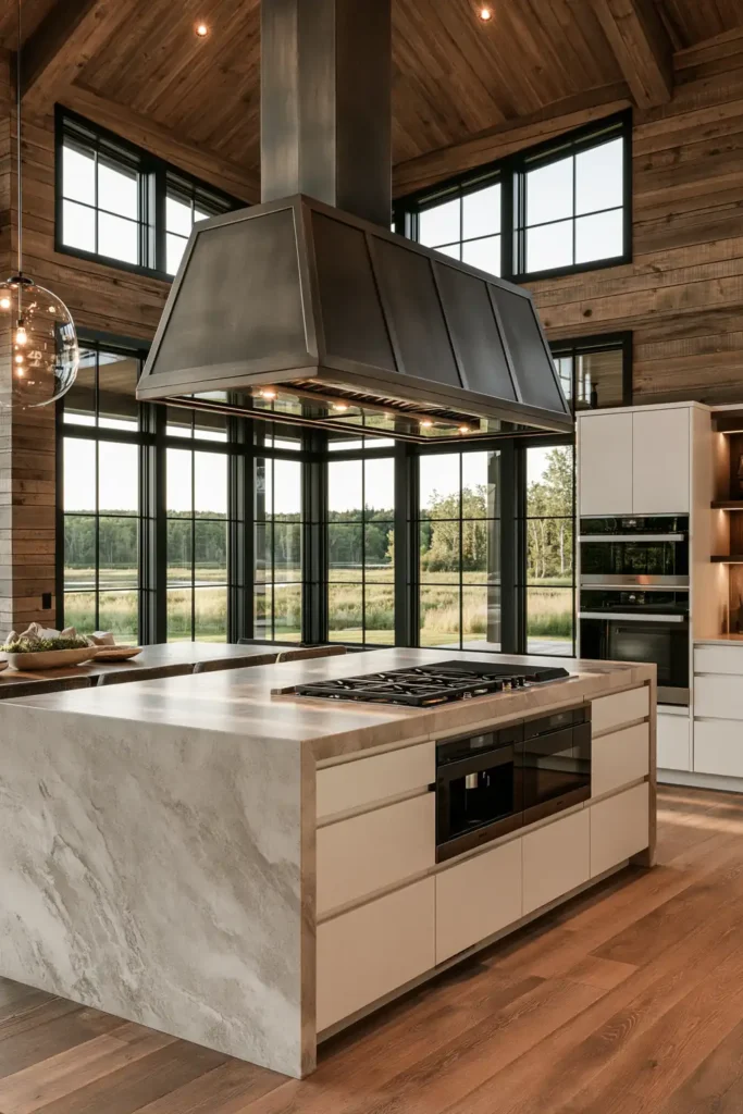29 Barndominium Kitchen Designs for Rustic, Modern, and Timeless Spaces 26 Clean-line barndominium kitchen with a white handleless waterfall island, black gas cooktop, wood-plank ceiling, and large black-framed corner windows.