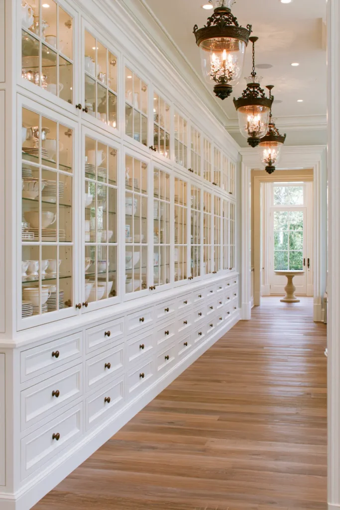 Timeless vs. Trendy Home Decor: 20 Ideas for a Well-Proportioned, Beautiful Home 5 Floor-to-ceiling white cabinetry with clear glass doors displaying dishes along a narrow room with warm wood flooring and ornate hanging lights.
