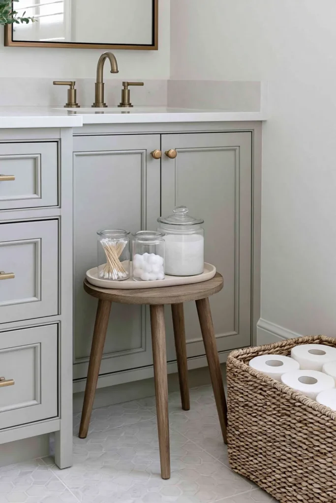21 Guest Bathroom Decorating Ideas for a Friendly Space 12 Clutter-free guest bathroom with a wooden stool, glass jars, bath soak, and a woven toilet-paper basket.