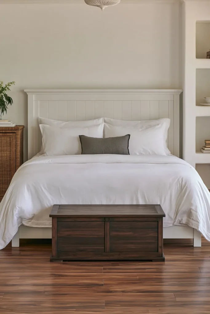 How to Style a Guest Bedroom Like a Hotel: 9 Thoughtful Details 10 Dark wooden storage chest positioned at the foot of a bright guest bed as a clutter-free luggage spot.