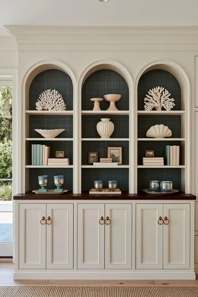 23 Living Room Bookshelf Styling Ideas for a Beautiful, Collected Space 19 Coastal arched cabinet with grey-blue grasscloth backing, white coral, ribbed ceramic urn, aqua books, shell-shaped decor, and brass ring pulls.