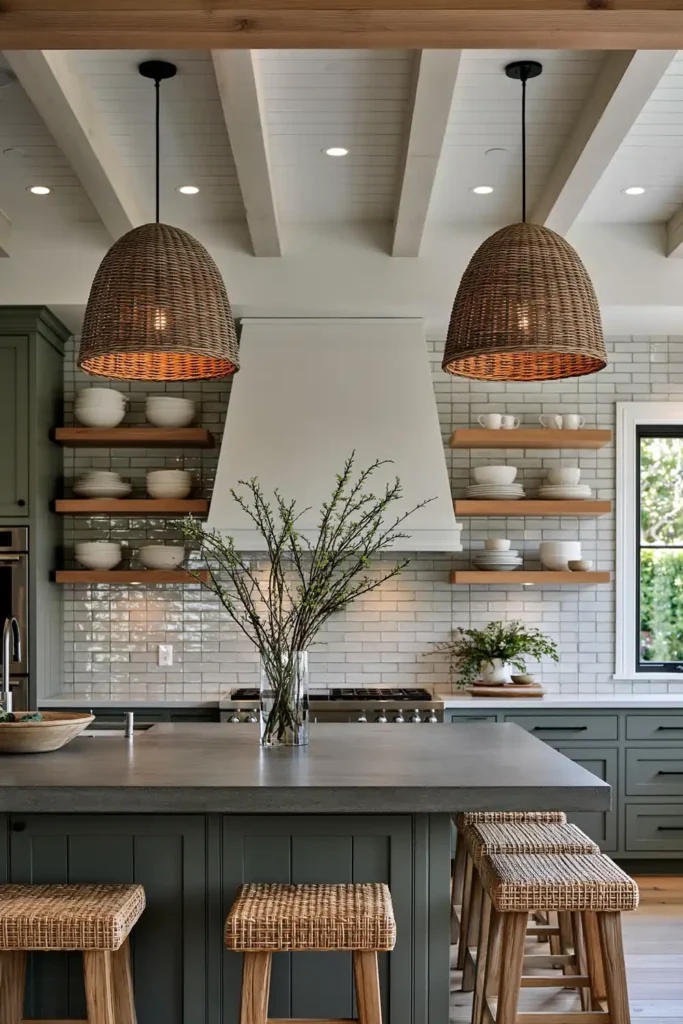 29 Barndominium Kitchen Designs for Rustic, Modern, and Timeless Spaces 10 Coastal barndominium kitchen with soft blue-green cabinetry, pale wood shelves, woven stools, rattan pendant lights, and a bright white backsplash.