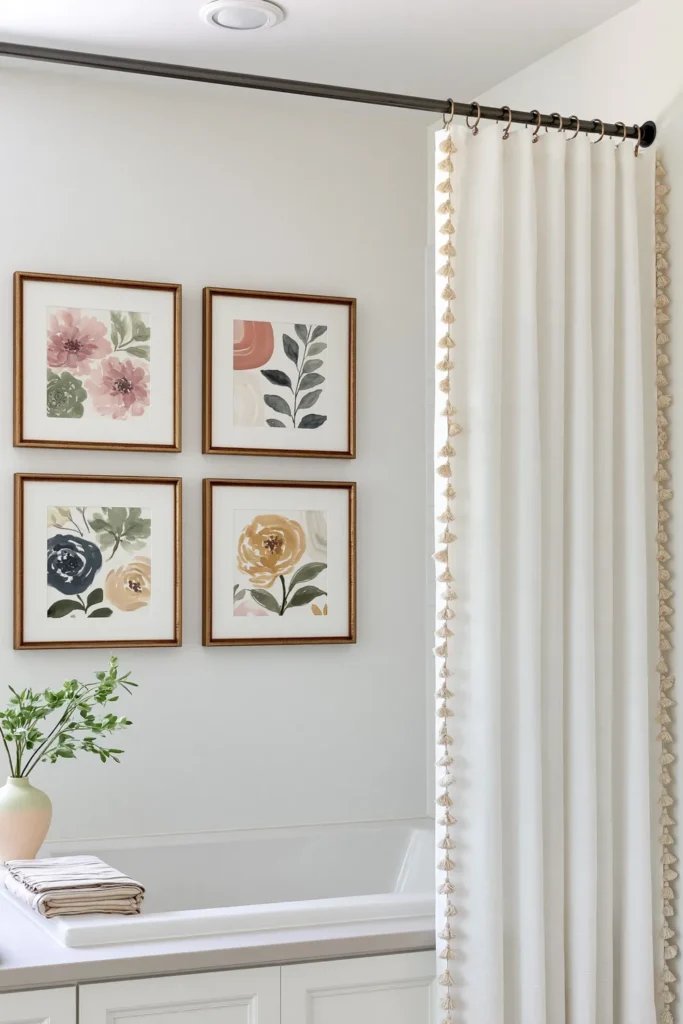 21 Guest Bathroom Decorating Ideas for a Friendly Space 20 Guest bathroom with colorful framed art prints, a white bathtub, and a decorative tassel shower curtain.