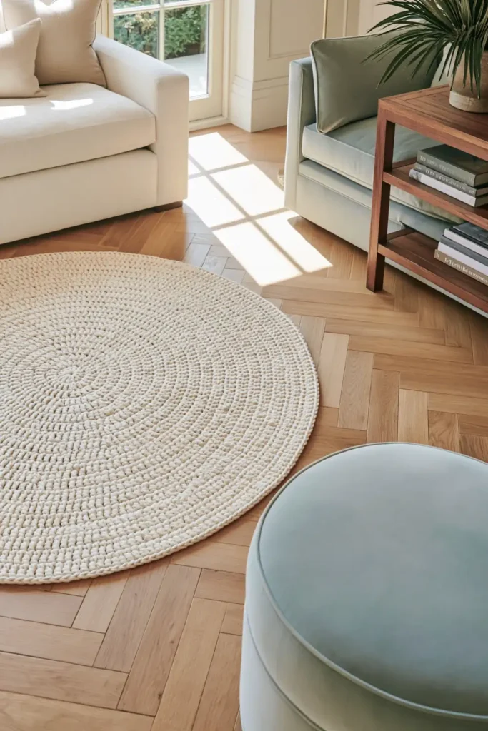23 Living Room Bookshelf Styling Ideas for a Beautiful, Collected Space 14 Cream crocheted round rug on warm herringbone parquet flooring beside pale blue-grey upholstery in a living room reading corner.
