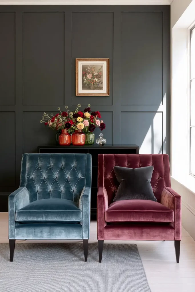 Timeless vs. Trendy Home Decor: 20 Ideas for a Well-Proportioned, Beautiful Home 7 Teal and magenta tufted velvet accent chairs against a dark charcoal paneled wall with colorful floral arrangements.