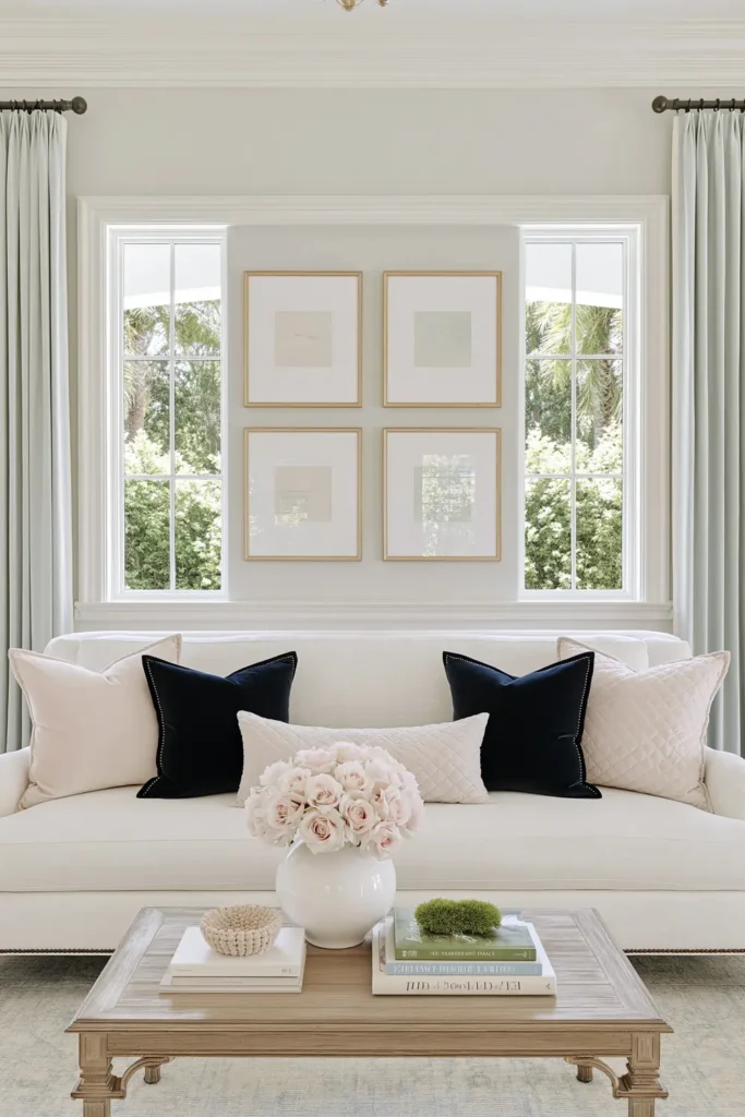 Timeless vs. Trendy Home Decor: 20 Ideas for a Well-Proportioned, Beautiful Home 8 Cream sofa styled with blush and navy velvet throw pillows and quilted covers in a bright, elegant living room.