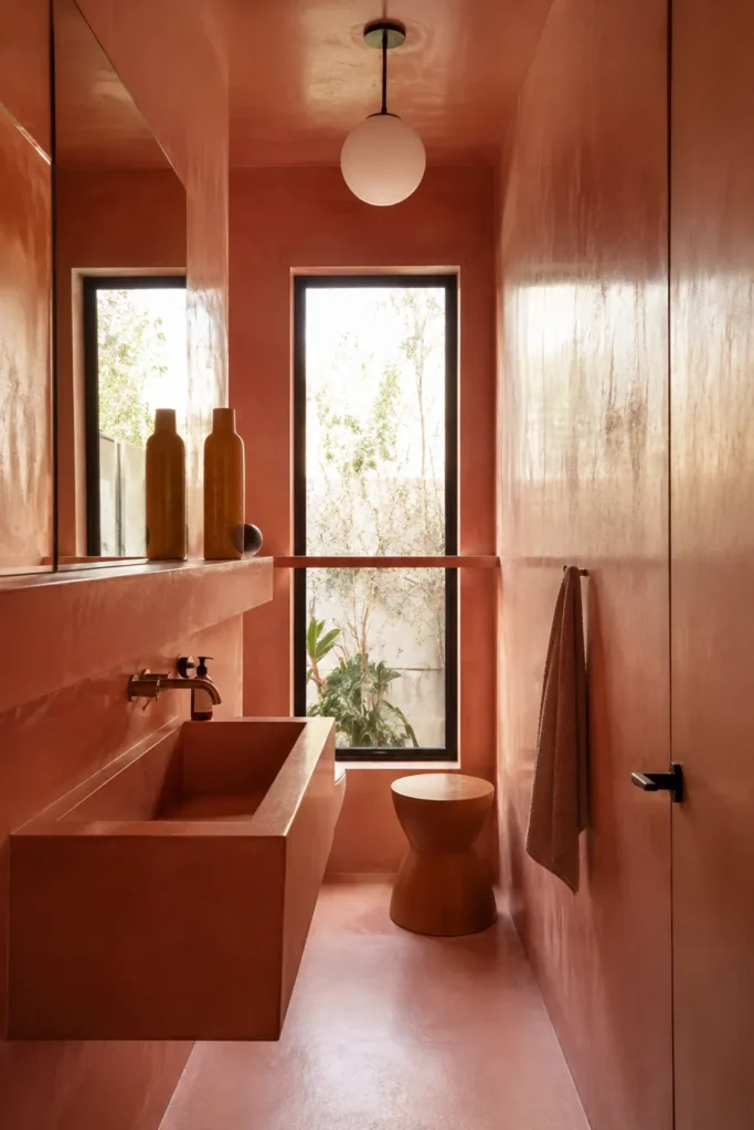 20 Bathroom Shelf Styling Ideas for Beautiful, Practical Storage 19 Narrow terracotta-pink bathroom with a thin shelf, black-framed window, ochre vessels, wall towel, and rounded terracotta stool.