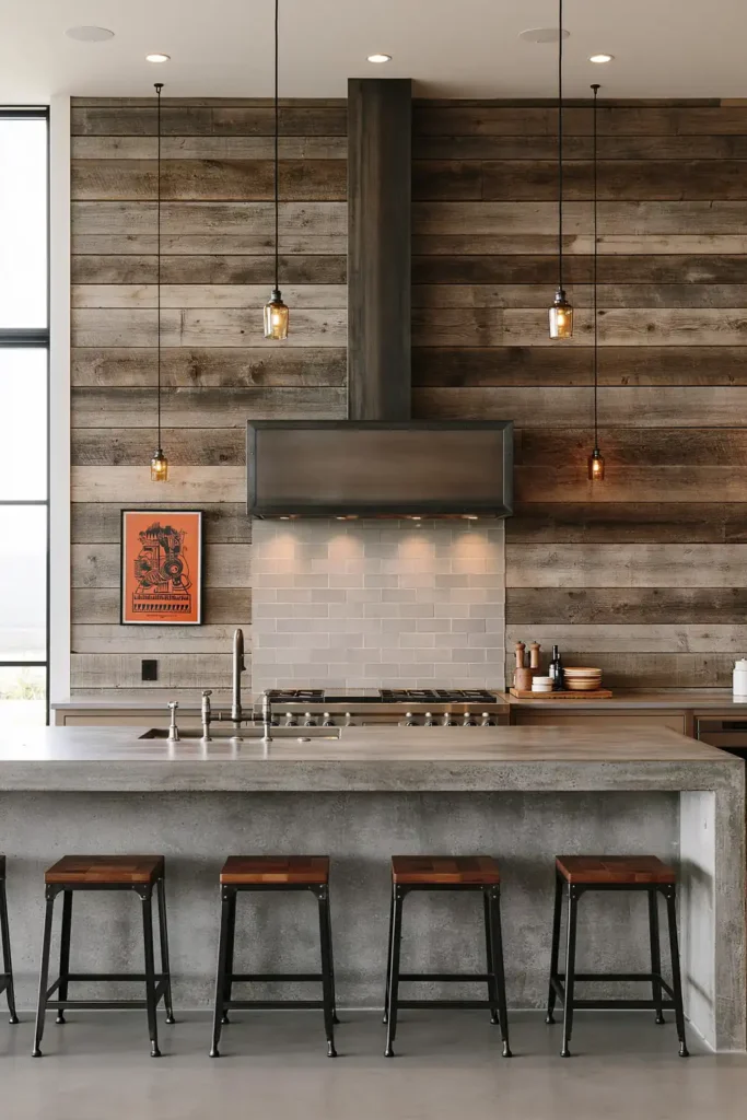 29 Barndominium Kitchen Designs for Rustic, Modern, and Timeless Spaces 18 Cool concrete barndominium kitchen with a gray waterfall island, barnwood wall, industrial stools, stainless range, and amber glass pendants.