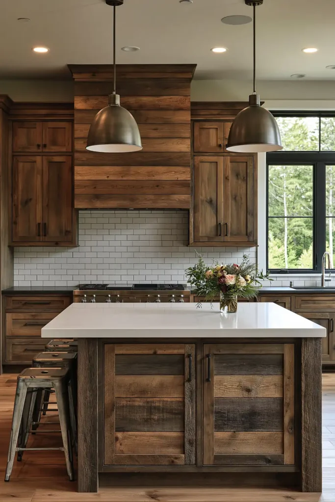 29 Barndominium Kitchen Designs for Rustic, Modern, and Timeless Spaces 21 Country-style barndominium kitchen with a rustic wood island, white polished countertop, galvanized stools, weathered cabinetry, and brushed-metal pendants.