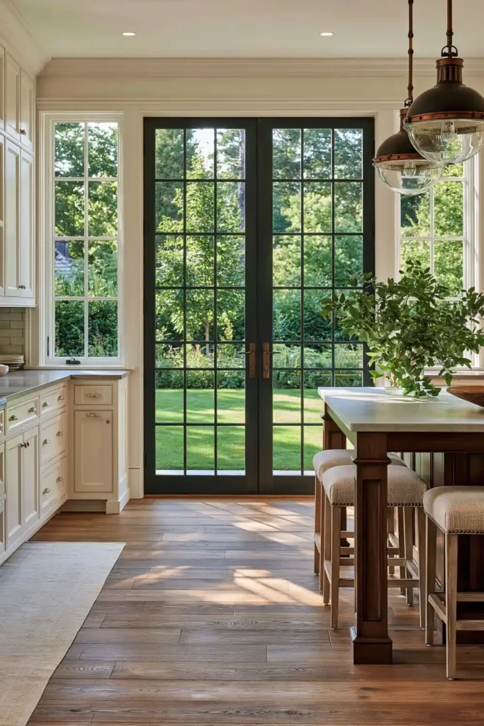 29 Rustic Modern Kitchen Designs That Balance Warmth and Clean Style 11 Bright country kitchen with creamy white cabinets, a dark wood island, upholstered stools, French doors, grid windows, and warm wood flooring.