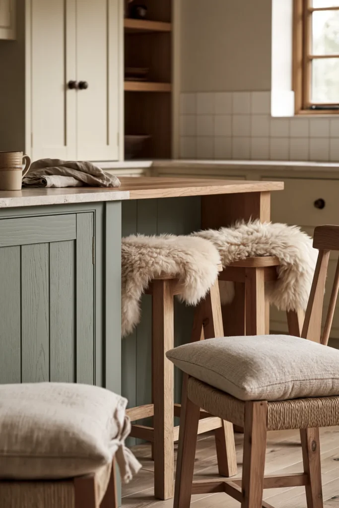 How to Create a Warm Kitchen That Feels Like Home: 18 Warm and Welcoming Ideas 11 Wooden kitchen stools with cream sheepskin throws beside a sage-green island in a warm cottage-style kitchen.