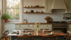 Warm traditional kitchen with a wooden dining table, cream cabinets, open shelves, white dishes, flowers, and soft natural window light.