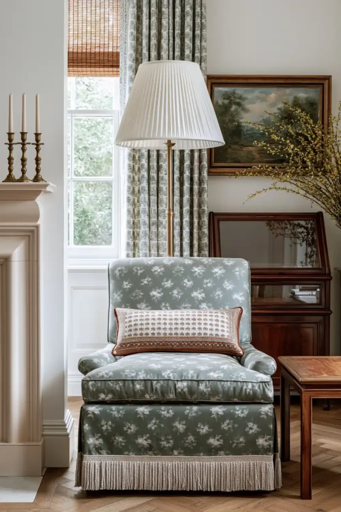 Layered Living Room Lighting Ideas for Every Mood 4 Traditional reading nook with a gray-green floral armchair, tall brass floor lamp, pleated white shade, fireplace, patterned curtains, and wood side table.