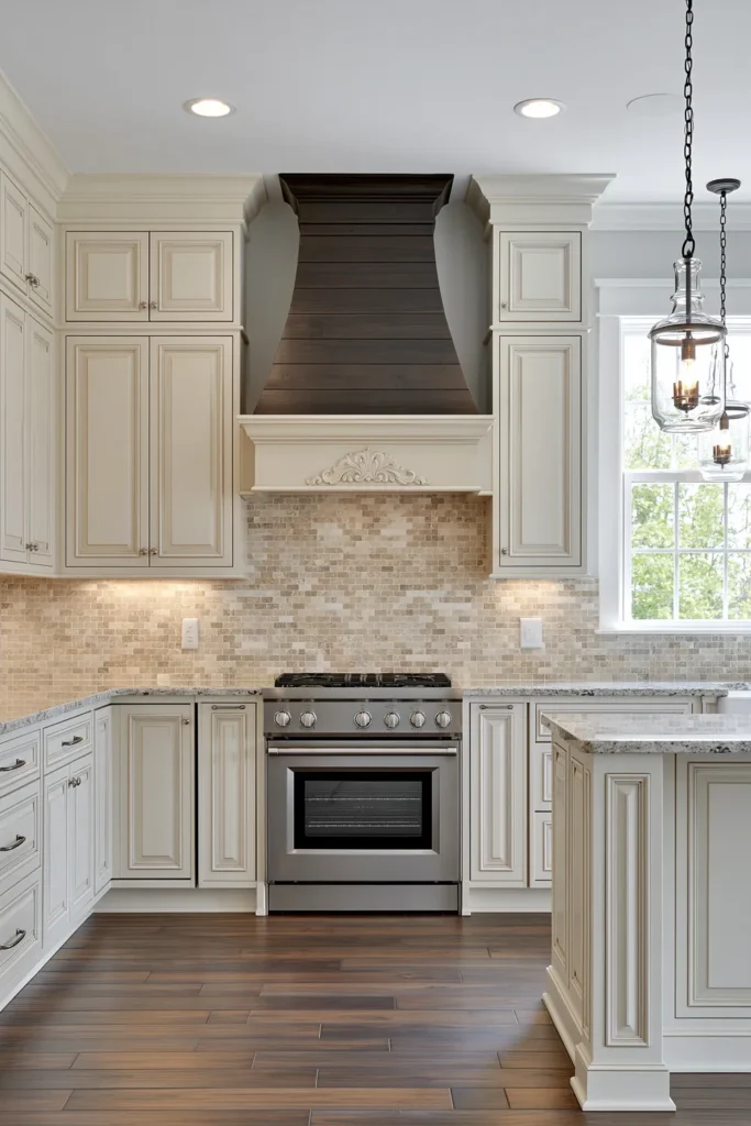 29 Neutral Kitchen Cabinet Ideas for a Calm, Timeless Kitchen 17 Traditional cream glazed kitchen cabinets with a dark wood range hood, beige stone backsplash, pale granite counters, and glass lantern pendants.