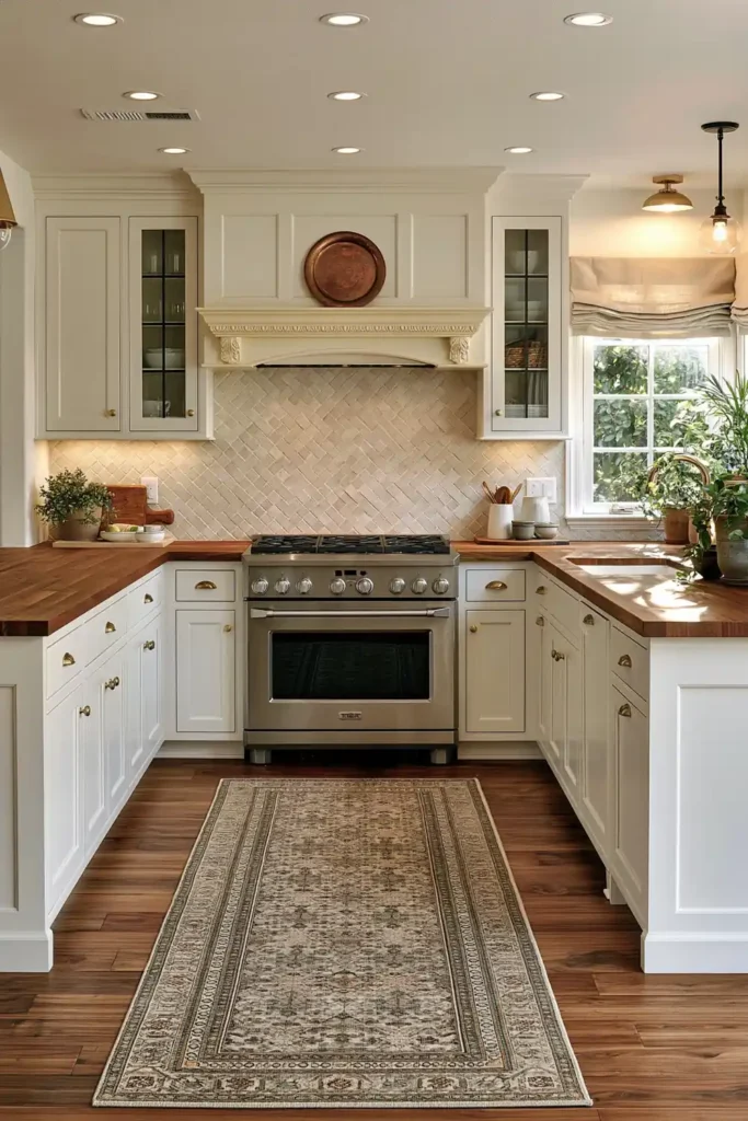 29 Rustic Modern Kitchen Designs That Balance Warmth and Clean Style 22 Cream shaker kitchen with warm wood countertops, a stainless range, mantel-style hood, patterned tile backsplash, glass-front cabinets, and a sunlit window.