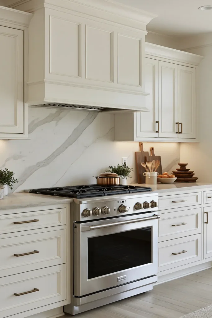 29 Neutral Kitchen Cabinet Ideas for a Calm, Timeless Kitchen 3 Creamy raised-panel kitchen cabinets with a gray-veined marble backsplash, pale stone counters, warm metal pulls, and wood accessories.