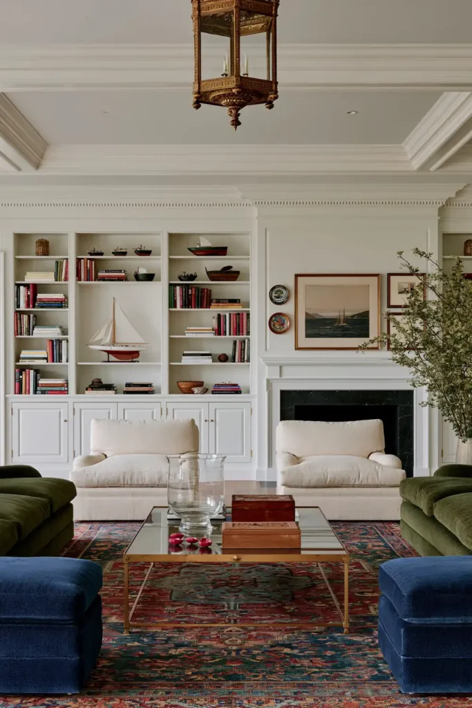 20 Best Living Room Color Combinations for a Warm Feel 14 Creamy off-white living room with bright blue seating, white built-in shelves, a brass lantern, nautical decor, and a colorful rug.