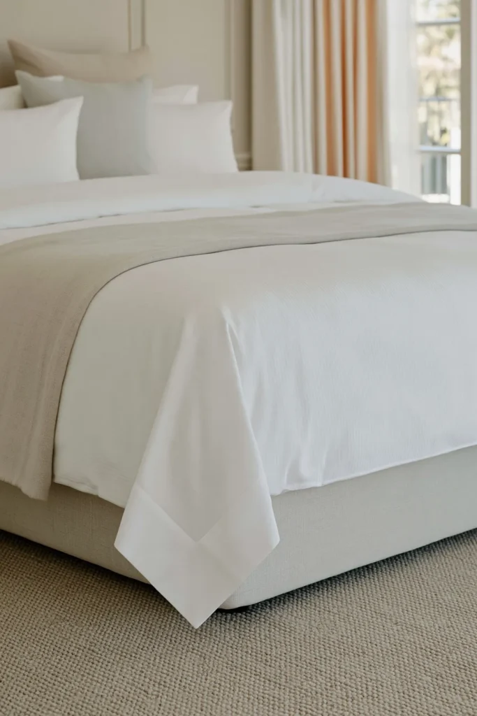 How to Style a Guest Bedroom Like a Hotel: 9 Thoughtful Details 2 Crisp white guest bed sheet folded into a neat hotel-style hospital corner.