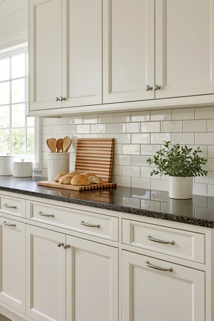 29 Neutral Kitchen Cabinet Ideas for a Calm, Timeless Kitchen 4 White raised-panel kitchen cabinets with a glossy black speckled countertop, subway tile backsplash, and silver hardware.