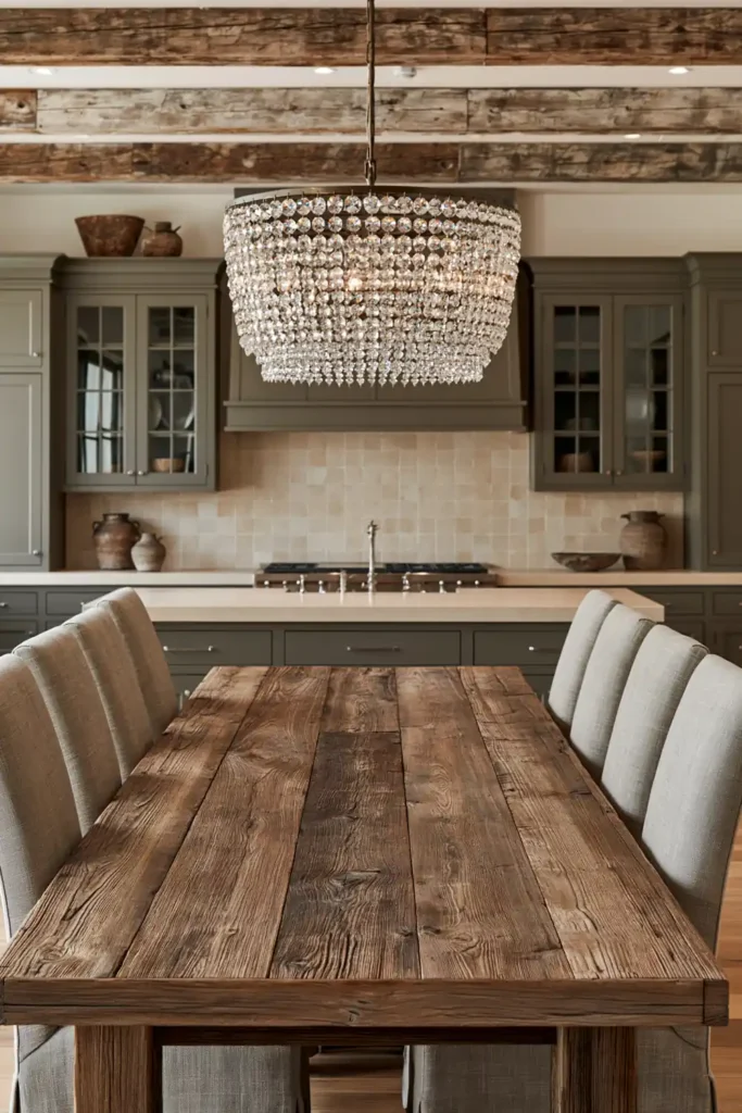 29 Rustic Modern Kitchen Designs That Balance Warmth and Clean Style 9 Elegant rustic kitchen dining area with a weathered wood table, pale gray upholstered chairs, crystal chandelier, glass-front cabinets, and exposed beams.